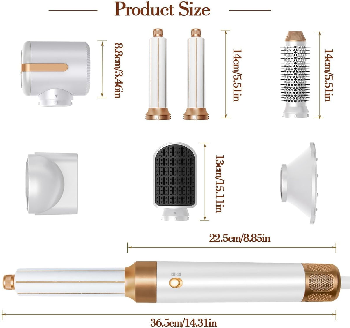 7-in-1 haardroger, snelle haardroger, stylinggereedschapsset, heteluchtborstel, diffuser, mondstukken, stijlkam, krulstaaf, volumizer (wit)