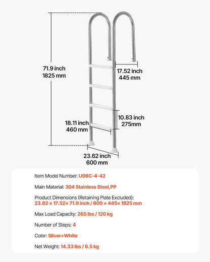 <font dir="auto" style="vertical-align: inherit;"><font dir="auto" style="vertical-align: inherit;">        VEVOR Swimming Pool Ladder, 4-Step Double Handrails, Steps with Non-Slip Heavy-Duty Treads, Stainless Steel, 120kg Load Capacity, for 54 in-ground