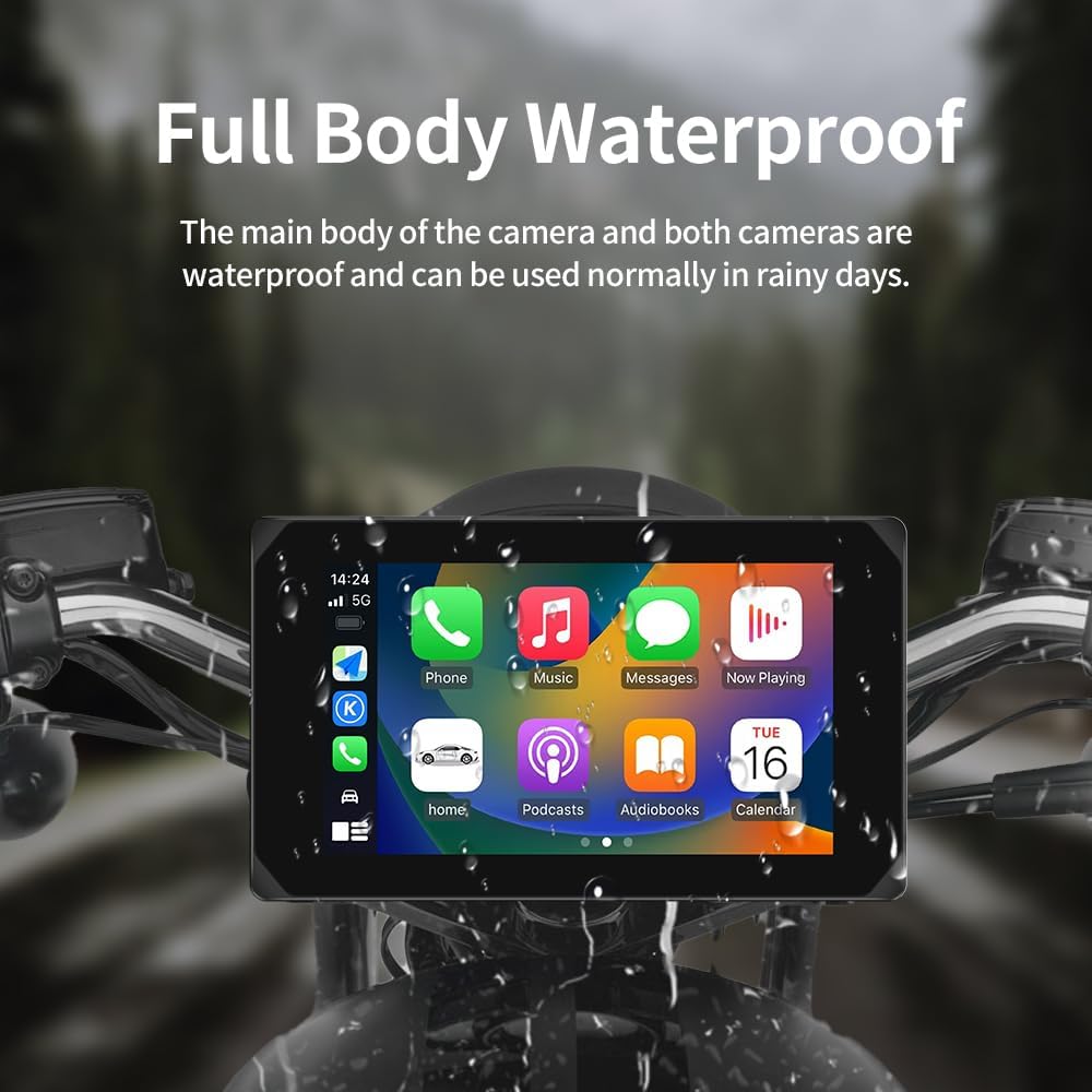 Motorfiets Carplay Scherm – Motorrijders Display – Navigatiesysteem – Touchscreen Monitor – Multimedia Interface – Draadloos CarPlay & Android Auto – 5 Inch HD IPS Scherm – Waterdicht IP65 Met Dubbele 1080P Camera’s