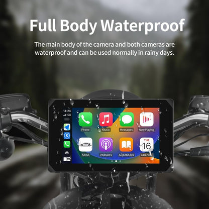 Motorfiets Carplay Scherm – Motorrijders Display – Navigatiesysteem – Touchscreen Monitor – Multimedia Interface – Draadloos CarPlay & Android Auto – 5 Inch HD IPS Scherm – Waterdicht IP65 Met Dubbele 1080P Camera’s