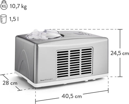 Springglanse ijsmachine Emma 1,5 l met zelfkoelende compressor 150 W, ijsmachine van roestvrij staal met uitneembare ijshouder, incl. receptenboekje