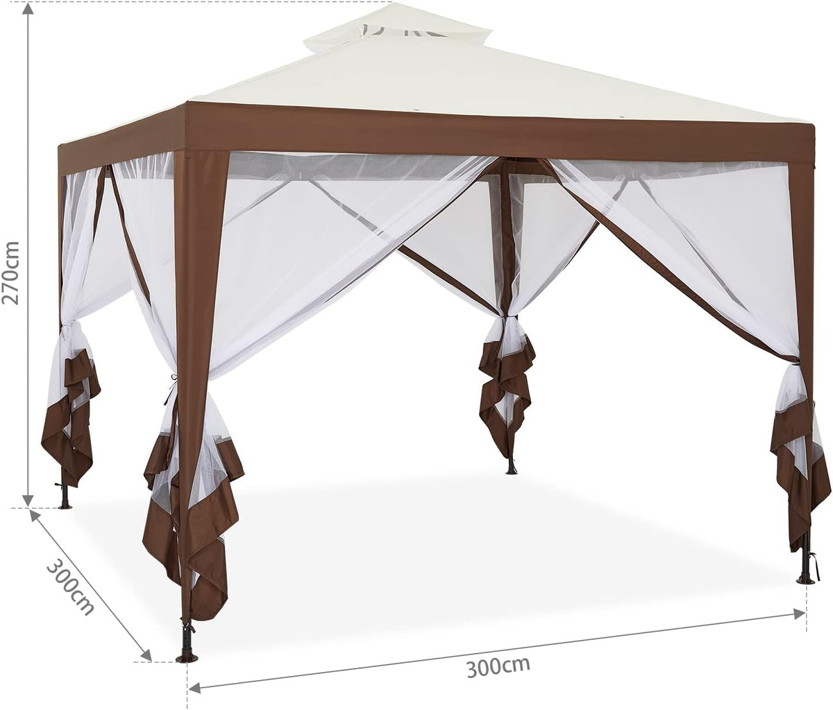Mondeer Tuinpaviljoen, 3 x 3 m, dubbel dak, paviljoen met 4 muggennetten, zijpanelen voor schaduw en regen, metalen frame, stabiel, beige en bruin
