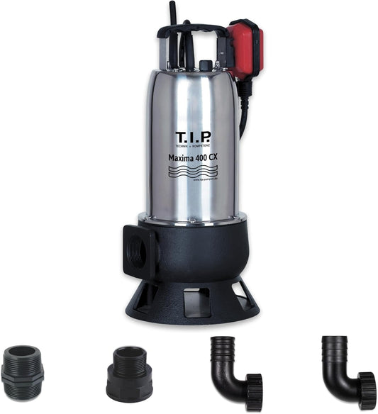 T.I.P. Maxima 400 CX 30140 Vuilwaterpomp, bouwpomp, debiet tot 24.000 l/u, opvoerhoogte max. 9 m/druk max. 0,9 bar, 950 W, met gegoten loopwiel, vergrendelbare vlotterschakelaar