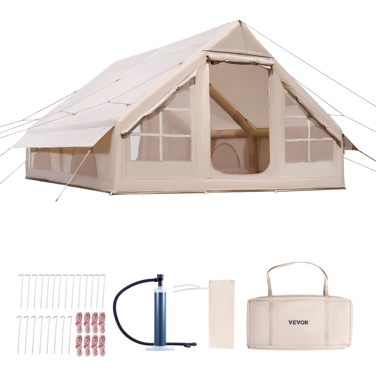 VEVOR Opblaasbare tent voor camping, opblaasbare tent voor 5-8 personen met handpomp, glampingtent 300D Oxford, 4 seizoenen, met ovenbus, 2 deuren en 4 netramen, opbergtas