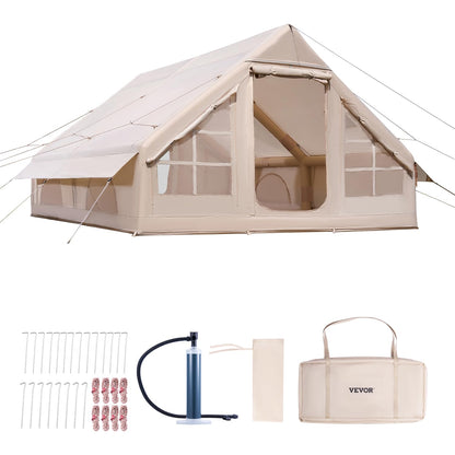 VEVOR Opblaasbare tent voor camping, opblaasbare tent voor 5-8 personen met handpomp, glampingtent 300D Oxford, 4 seizoenen, met ovenbus, 2 deuren en 4 netramen, opbergtas