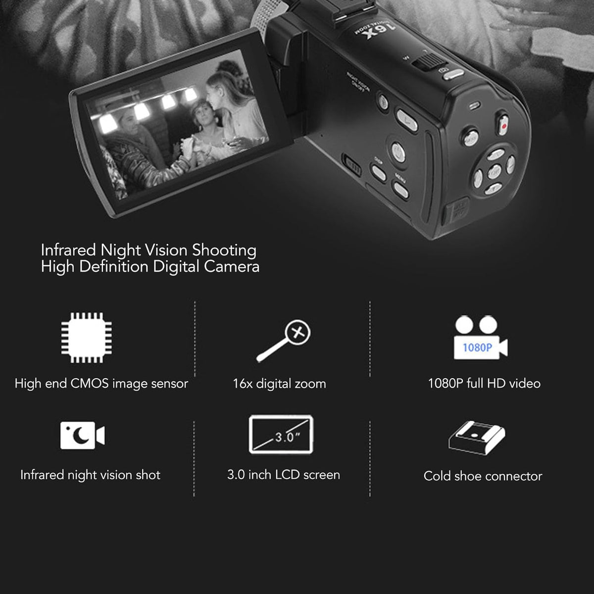 Videocamera – Camcorder – Handycam – Vlogcamera – Digitale Videorecorder – 1080P Full HD Opname – 16X Digitale Zoom met Infrarood-Nachtzicht