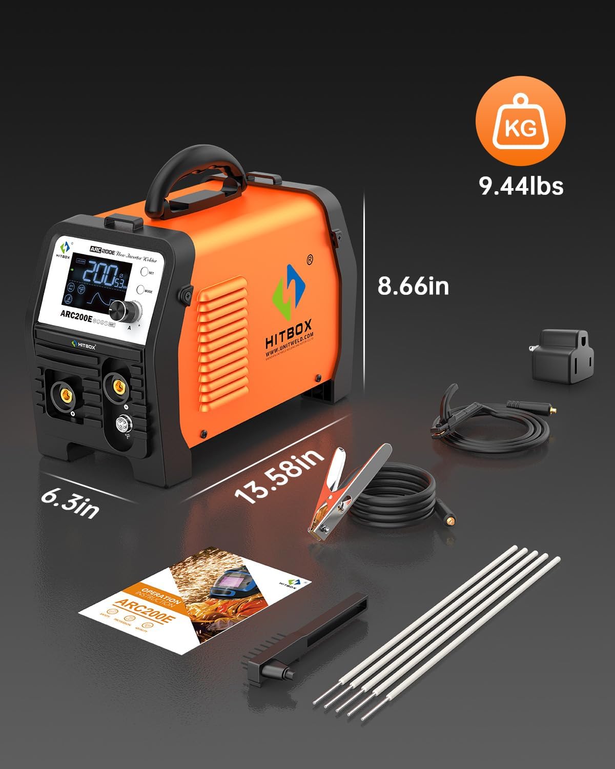 HITBOX ARC200E Lasapparaat 200A Inverter IGBT DC MMA/Lift TIG, gasloos MIG met gevulde draad compatibel, synergische regeling, Hot Start, Anti-Stick, 230V met TFT-LCD display