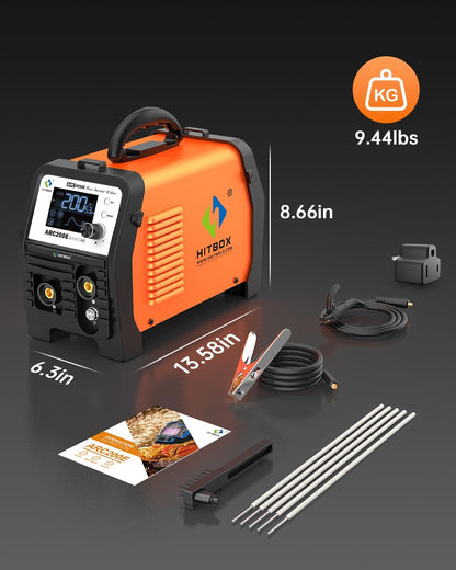 HITBOX ARC200E Lasapparaat 200A Inverter IGBT DC MMA/Lift TIG, gasloos MIG met gevulde draad compatibel, synergische regeling, Hot Start, Anti-Stick, 230V met TFT-LCD display