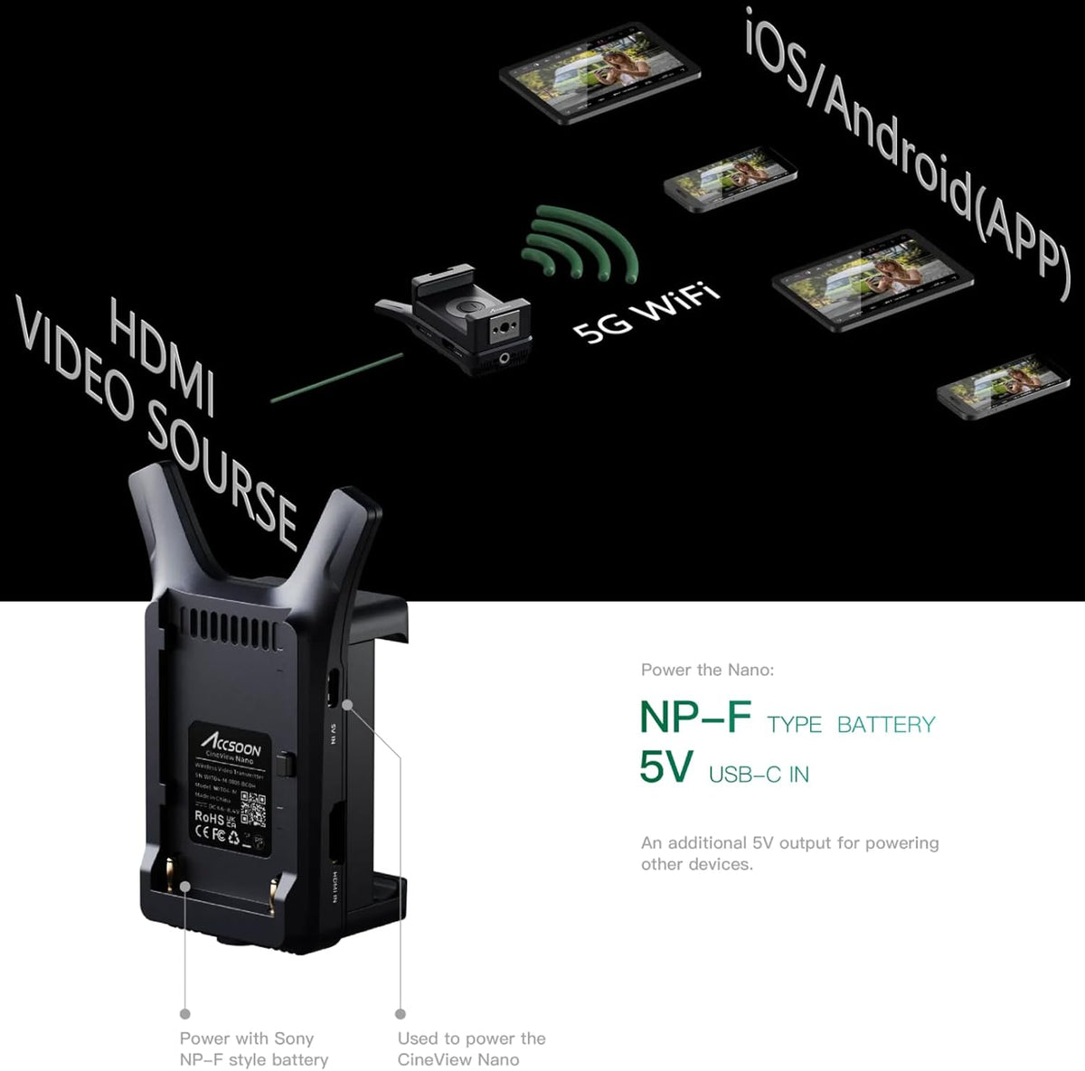 Accsoon CineView Nano draadloze zender HDMI-ingang 0,06s 150m Ultra Low Delay HD 1080p60fps Compatibel met IOS Android-systeem voor Tik-Tok YouTube Live Streaming.