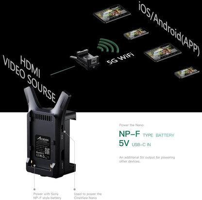 Accsoon CineView Nano draadloze zender HDMI-ingang 0,06s 150m Ultra Low Delay HD 1080p60fps Compatibel met IOS Android-systeem voor Tik-Tok YouTube Live Streaming.