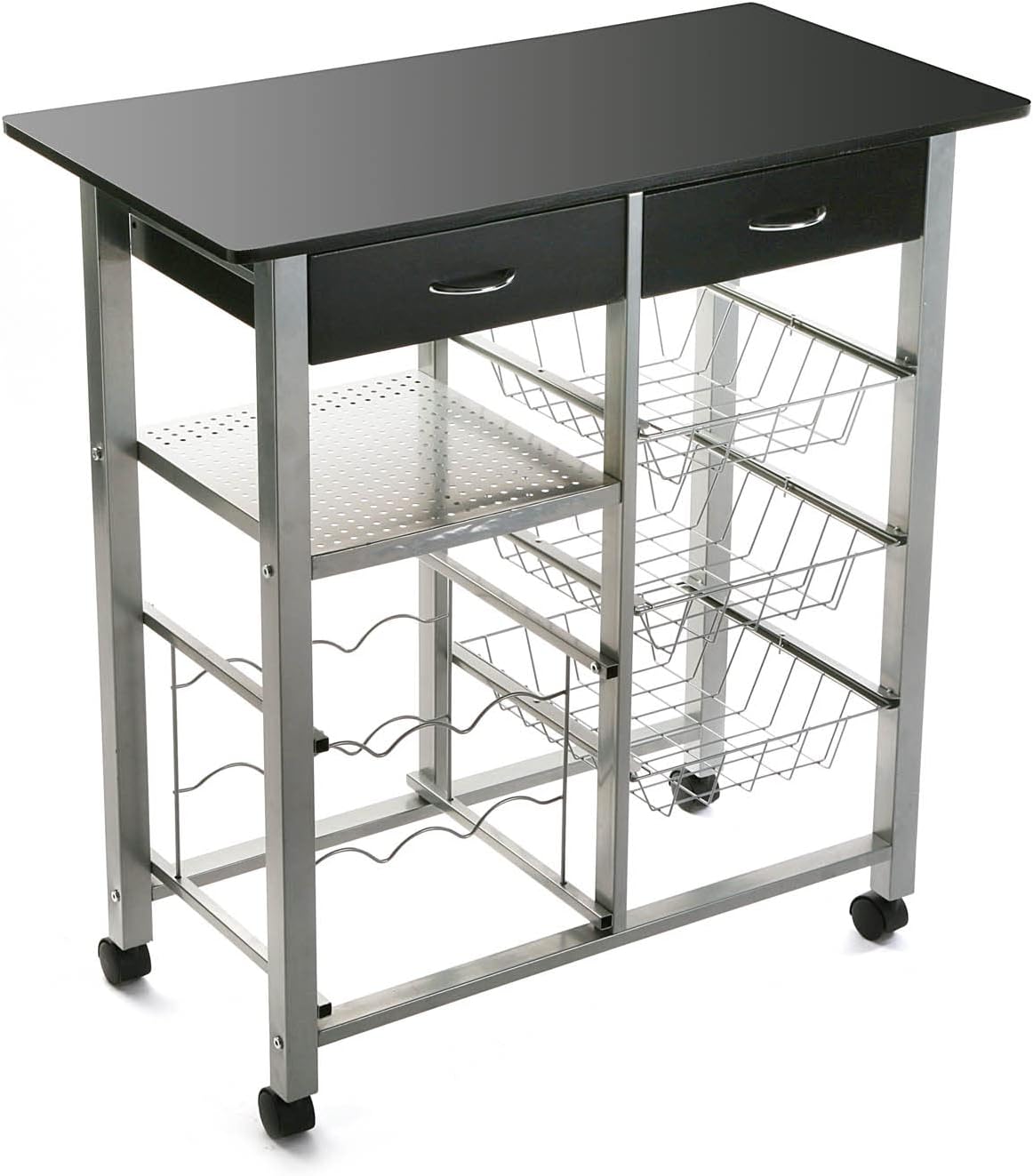 Versa Leicester Keukenwagen met wielen, laden en flessenrek, Groentenopberger met voorraadkast en opbergers, Keukenopberger, Afmetingen (H x B x H) 82 x 40 x 76 cm, Hout en Metaal, Kleur Zwart