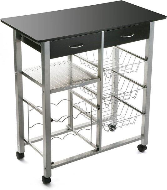 Versa Leicester Keukenwagen met wielen, laden en flessenrek, Groentenopberger met voorraadkast en opbergers, Keukenopberger, Afmetingen (H x B x H) 82 x 40 x 76 cm, Hout en Metaal, Kleur Zwart