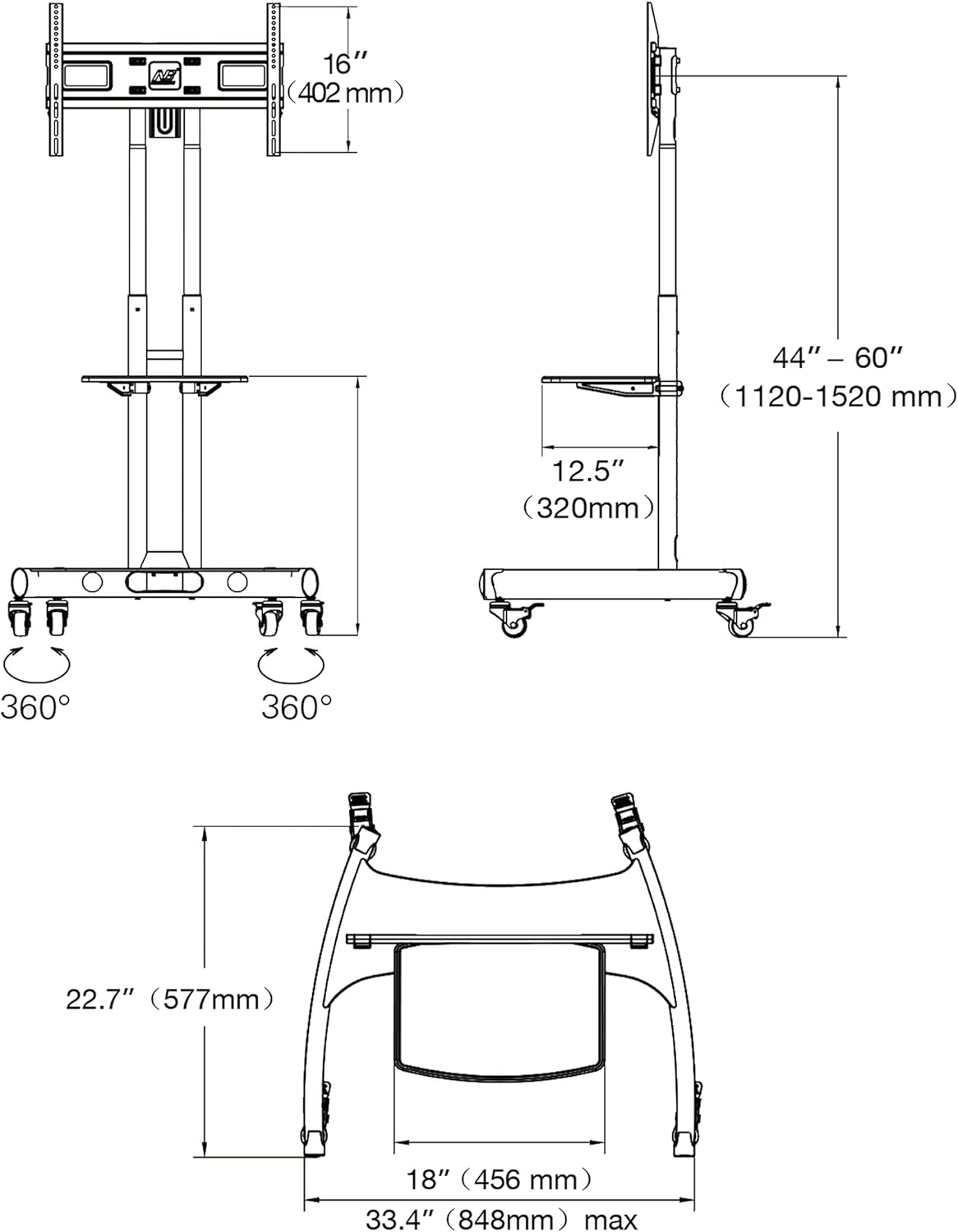 Ergosolid standaard met wielen, verstelbaar, voor LCD/LED/Plasma-TV tot 45,5 kg, zwart