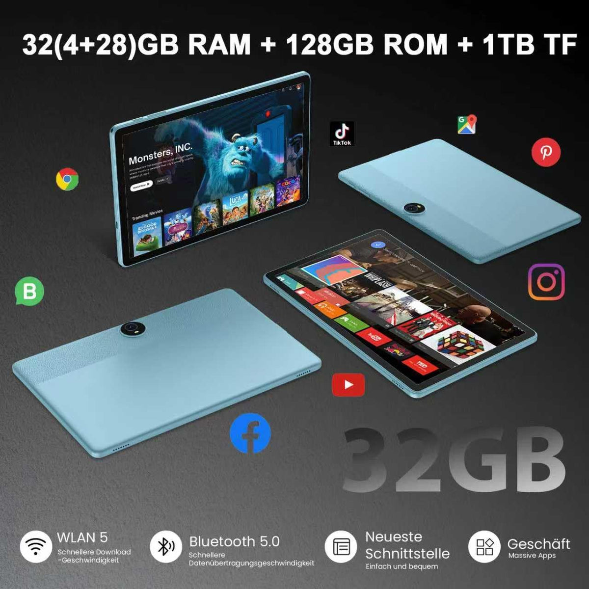 Android 16-tablet, 11 inch tablet,32GB + 128GB, uitbreidbaar tot 1TB, productiviteitsbundel met toetsenbordhoes, stylus, octa-coreprocessor, dubbele camera, wifi 6, 8000mAh-batterij (Blu)