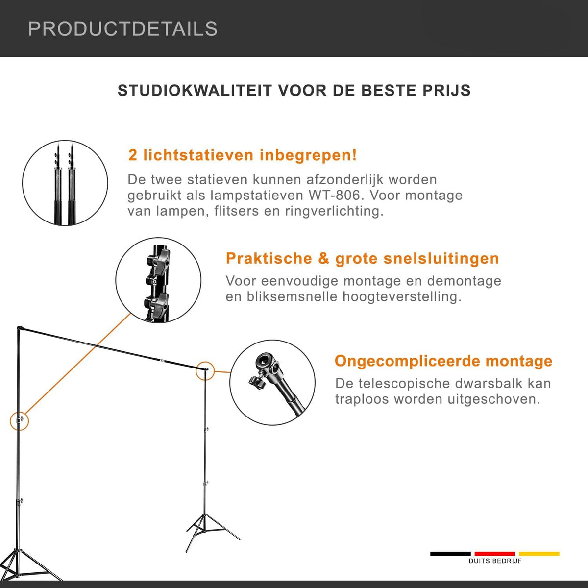 Walimex Pro telescopische hondensysteem (traploos uittrekbaar van ca. 120 – 307 cm, incl. 2 x WT-806 lampstatieven en praktische transporttas), Single, zwart, 120-307cm