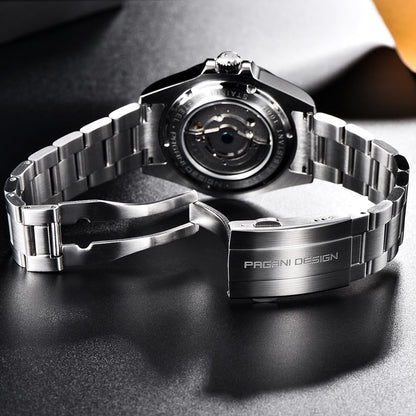 Pagani Ontwerp Horloges Mannen GMT Automatische Zelfopwindende Mechanische Analoge Saffier Sport Waterdichte Lichtgevende Polshorloge, Zwart, sport