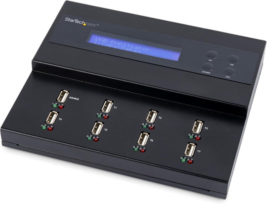 StarTech.com Standalone 1 naar 7 USB Thumb Drive Cloner en Wisser, Multiple USB Flash Drive Kloner, System/File/Whole-Drive Copy aan 1.5 GB/min, Single en 3-Pass Erase, LCD Display (USBDUPE17)