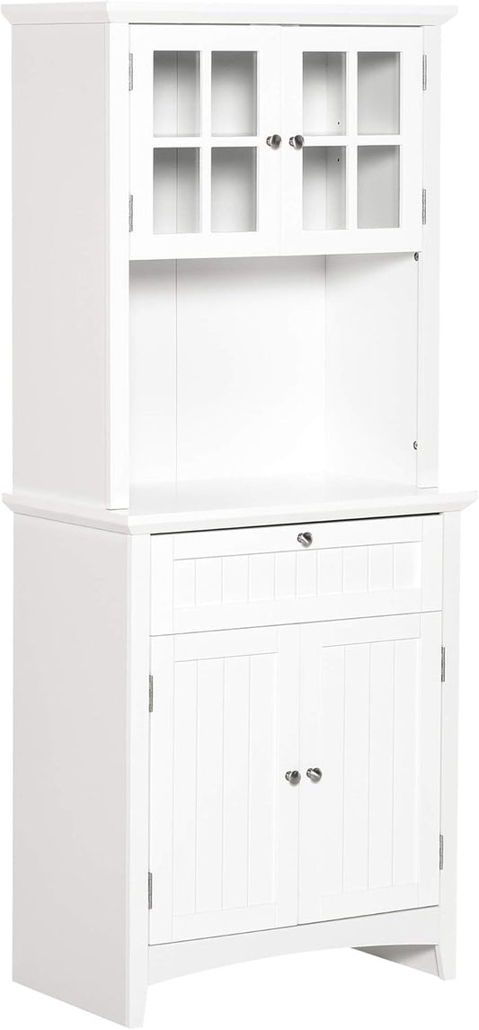 HOMCOM tall cabinet kitchen cabinet sideboard display cabinet chest of drawers with drawer glass doors plenty of storage space for kitchen living room MDF white 68.5 x 40 x 164 cm - QUORE