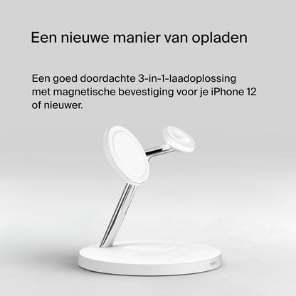 Belkin MagSafe 3-in-1 draadloze oplader, 15W-snellader voor iPhone, Apple Watch, AirPods-laadstation, draadloze oplader voor iPhone 16, 15, 14, Plus, 13, 12, Pro, Max, Mini, Apple Watch, AirPods - Wit