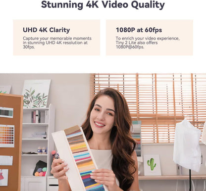 OBSBOT Tiny 2 Lite, PTZ 4K Webcam 1080P @60fps HDR, pc-camera met 4x digitale zoom, KI-tracking, microfoon, 1/2 inch sensor, gebarenbediening, autofocus, USB2.0, plug & play, voor pc, conferenties,