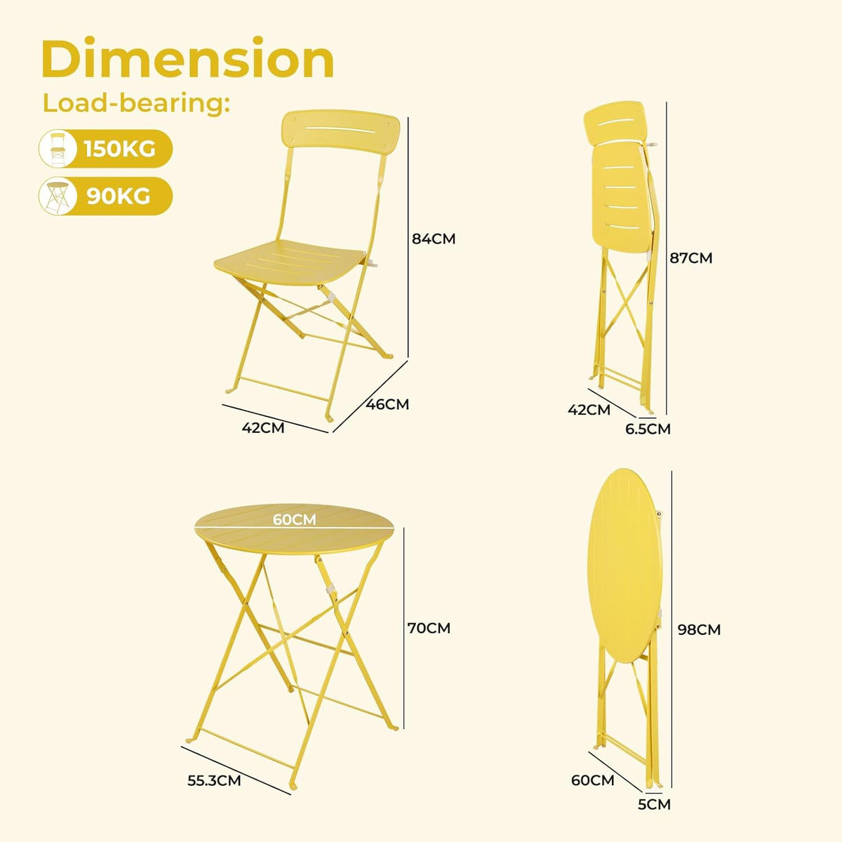 Grand patio Bistrotafel met 2 stoelen, balkonmeubelset, 3-delig, terrasmeubels, weerbestendig, bistroset, balkon, tuin, meubelset voor klein balkon (geel)