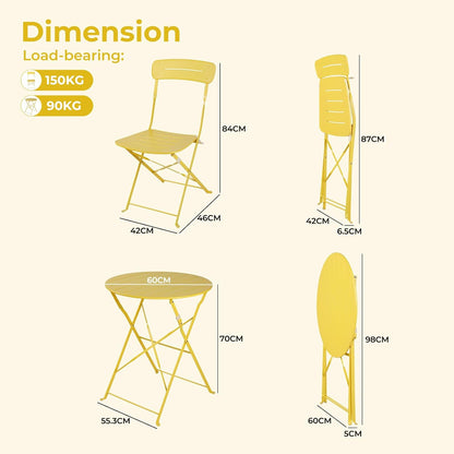 Grand patio Bistrotafel met 2 stoelen, balkonmeubelset, 3-delig, terrasmeubels, weerbestendig, bistroset, balkon, tuin, meubelset voor klein balkon (geel)