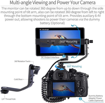 FEELWORLD LUT6 2600Nit Video Field Monitor 6 Inch TouchScreen Camera Monitor with 3D LUT, HD 1920x1080 IPS,4K HDMI Input/Loop Output,HDR Waveform,Focus Video Assist for DSLR - QUORE