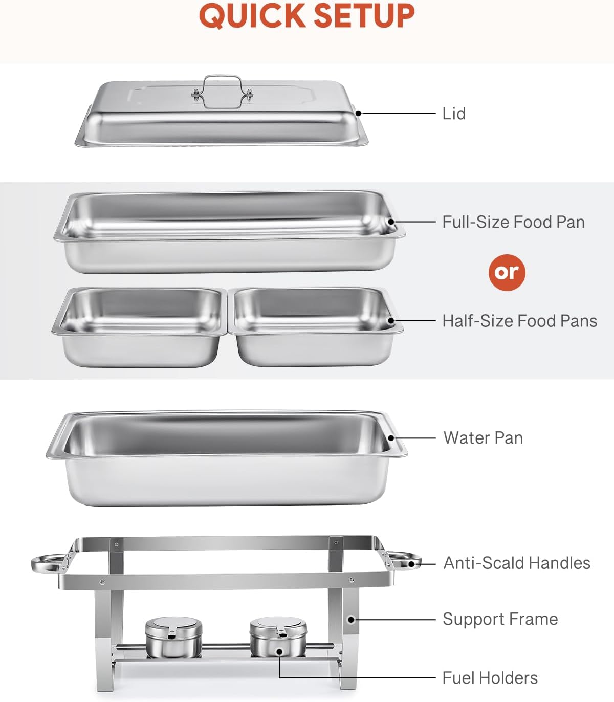 Wilprep Chafing dish set 9L RVS, 2 pakken met 2 grote GN 1/1 & 4 halve pannen GN 1/2 voor bruiloft, feest, banket, catering evenement
