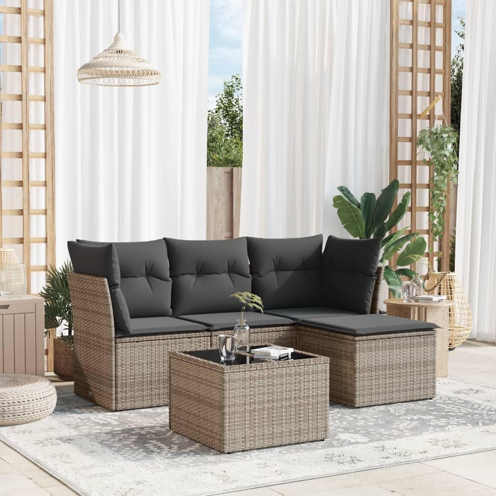 vidaXL 5-Piece Lounge Set with Cushions Poly Rattan Grey, Garden Set, Garden Furniture, Patio Set, Garden Furniture, Lounge Sofa, Lounge Set Garden - QUORE
