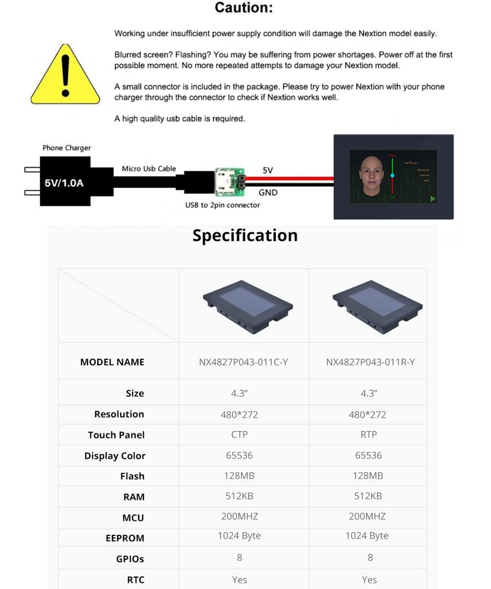 Nextion Intelligent NX4827P043-011C-Y 4,3 inch capacitief display, seriële HMI TFT touchscreen, 480 x 272 LCD-module met behuizing, ondersteunt audiovideo