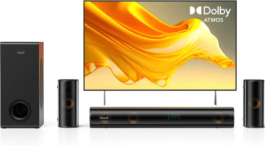 Hiwill HiElite A51 5.1CH soundbar voor tv-apparaten, Dolby Atmos surround soundsysteem, 2 bekabelde surround luidsprekers, 5,25 inch subwoofer soundbar voor tv, heldere stem, 380 W piekvermogen