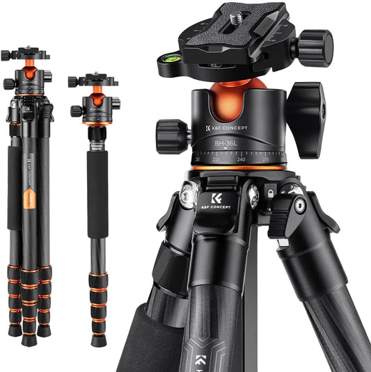K&F Concept Koolstofvezel Camera Statief, Lichtgewicht Reisstatief met Monopod, Compact Fotografie Statief met 360° Balhoofd, Compatibel met DSLR Camera, Max. Belasting: 15KG (A255C2+BH-35L)