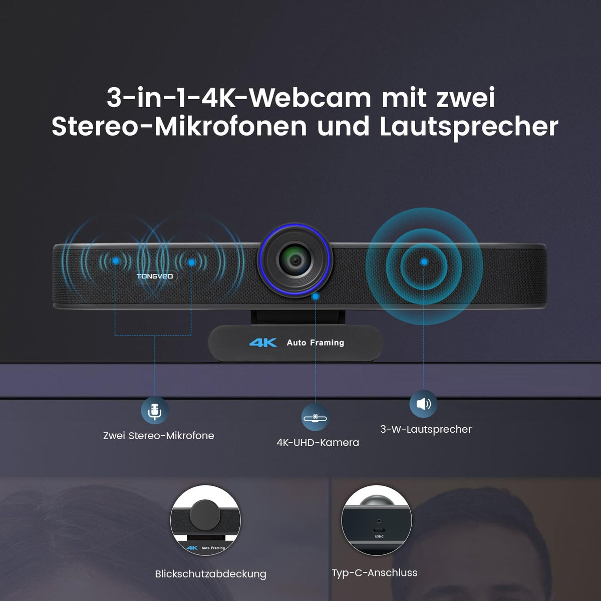 TONGVEO KI Automatische tracking 4K webcam met microfoons en luidsprekers, 5-voudige digitale zoom, ePTZ webcamera met afstandsbediening en twee microfoons, conferentie-webcam voor zoom, Skype, OBS