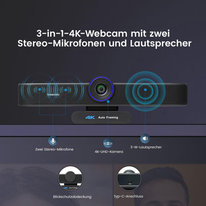 TONGVEO KI Automatische tracking 4K webcam met microfoons en luidsprekers, 5-voudige digitale zoom, ePTZ webcamera met afstandsbediening en twee microfoons, conferentie-webcam voor zoom, Skype, OBS