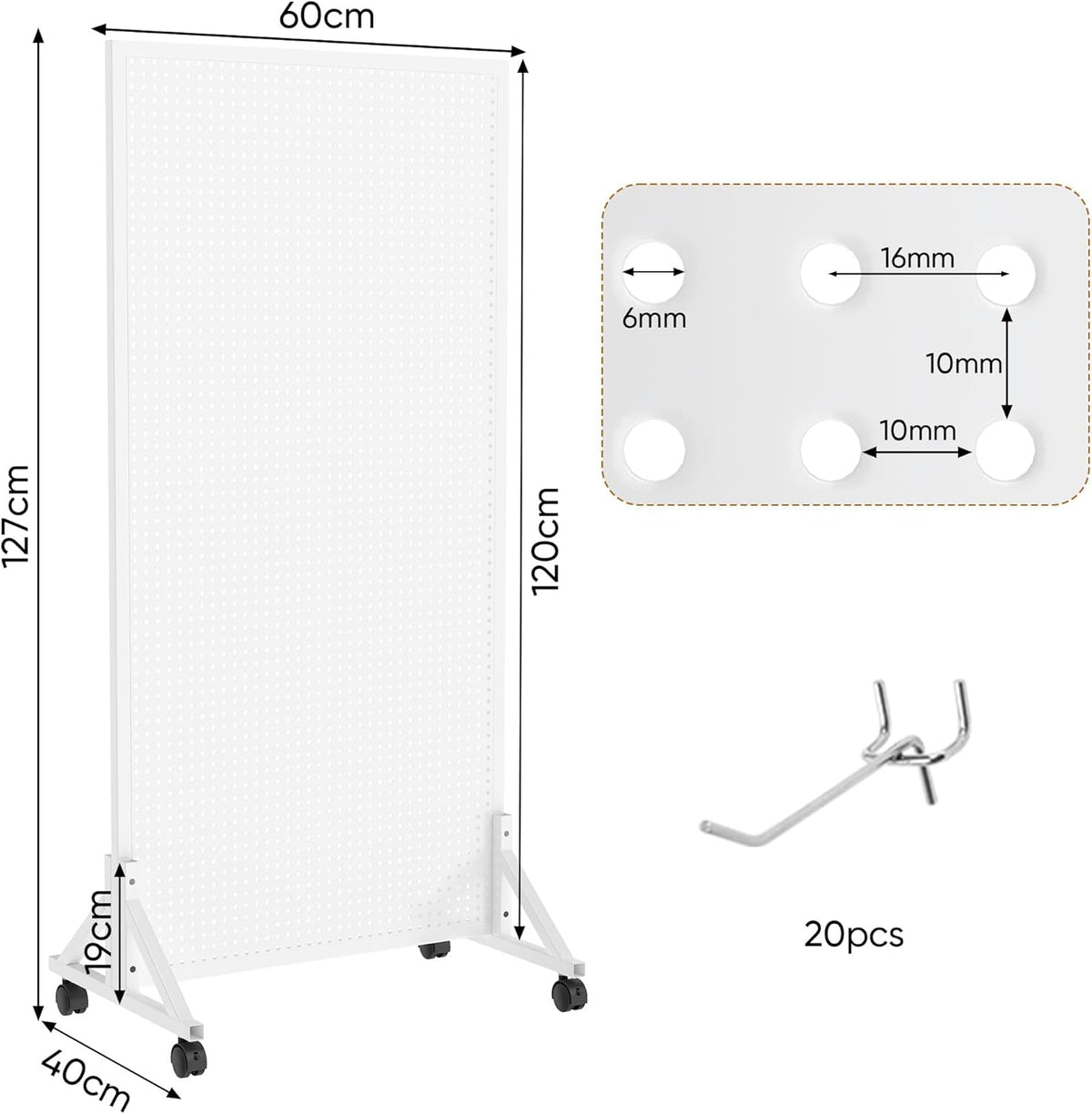 Pegboard Displaystandaard – Pegboard Standaard – Displayrek – Verkoopdisplay – Pegboard Paneel – Wit Vrijstaand Metalen Ontwerp – 60 x 33 x 120 cm Inclusief 20 Haken