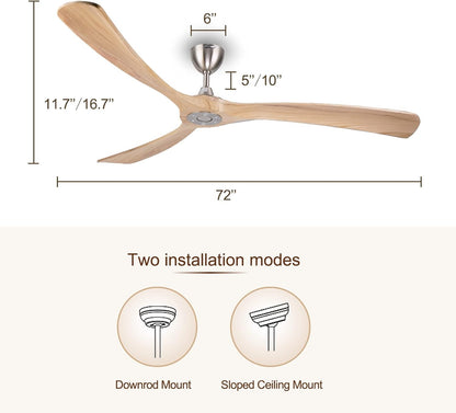 Ovlaim Smart wifi-plafondventilator, 183 cm, compatibel met Alexa en app-bediening, stille DC-motor, grote plafondventilator zonder licht, 3 houten bladen voor woonkamer, terras