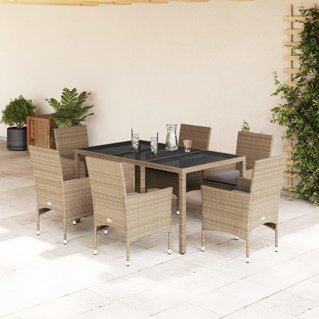 Garden seating set for 6 people, garden furniture set, 6 chairs with table, rattan dining group, balcony furniture, for 6 people, balcony table and chairs, garden set, beige, 7-piece - QUORE