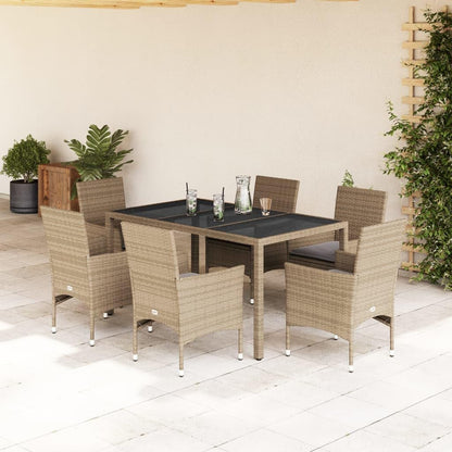 Garden seating set for 6 people, garden furniture set, 6 chairs with table, rattan dining group, balcony furniture, for 6 people, balcony table and chairs, garden set, beige, 7-piece - QUORE
