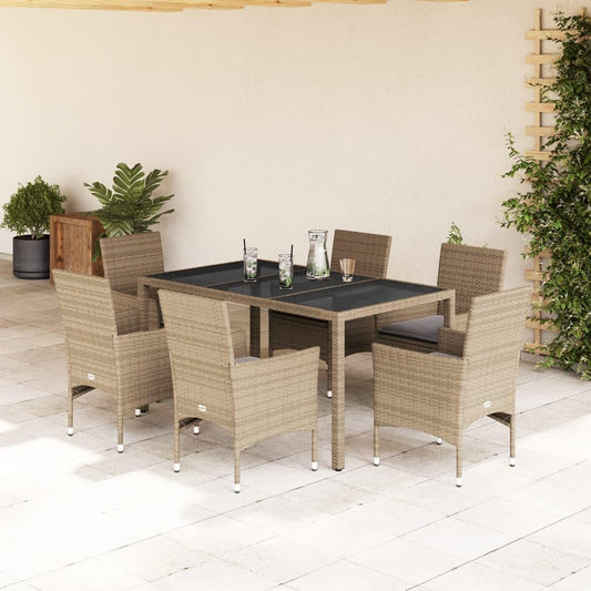 Garden seating set for 6 people, garden furniture set, 6 chairs with table, rattan dining group, balcony furniture, for 6 people, balcony table and chairs, garden set, beige, 7-piece - QUORE