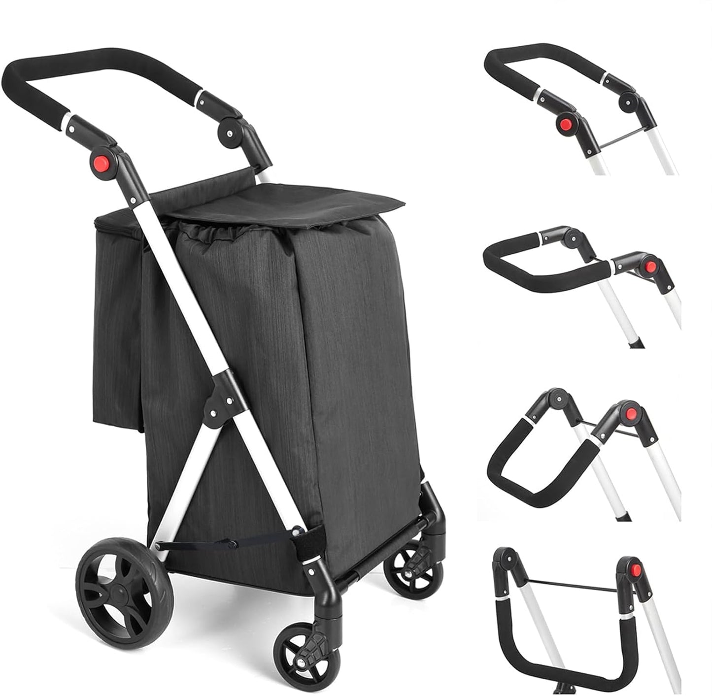 Boodschappentrolley, 4 wielen boodschappentrolley, 46L aluminium winkelwagentje, opvouwbare boodschappentrolley met geïsoleerde koeltas (zwart)