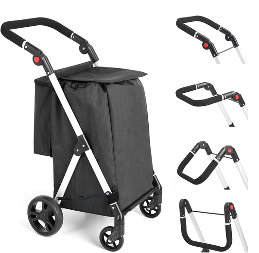 Boodschappentrolley, 4 wielen boodschappentrolley, 46L aluminium winkelwagentje, opvouwbare boodschappentrolley met geïsoleerde koeltas (zwart)
