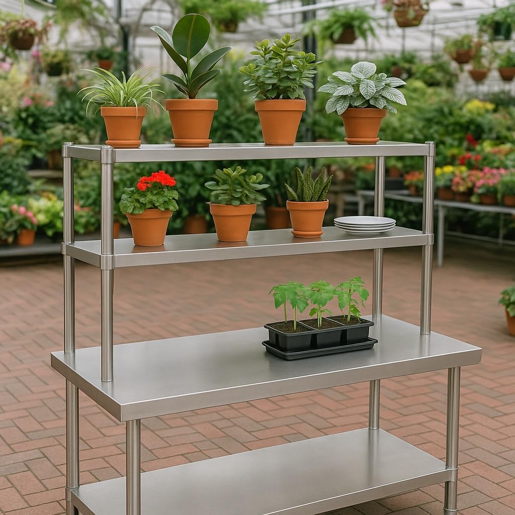 Wiltec werktafel van roestvrij staal 120x60x145 cm tot 120 kg, tafel met twee hoge planken en onderste legplank, roestvrijstalen werkbank met verstelbare tafelpoten en veel ruimte