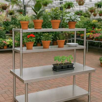 Wiltec werktafel van roestvrij staal 120x60x145 cm tot 120 kg, tafel met twee hoge planken en onderste legplank, roestvrijstalen werkbank met verstelbare tafelpoten en veel ruimte