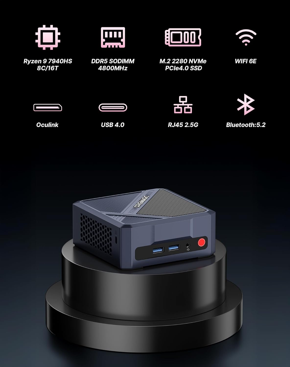 Mini PC ORIGIMAGIC A1 Pro met Ryzen 9 7940HS (tot 5,2 GHz), 32 GB DDR5 (max. 64 GB), 1 TB SSD, drievoudige 4K, WiFi 6E, BT 5.2/2,5G LAN voor gaming, ontwerp en kantoor - QUORE