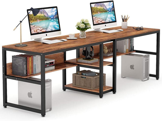 Tribesigns Double Desk with Bookshelf, 78.7 Computer Office Double Desk for Two People, Rustic Writing Desk Workstation with Shelf for Home Office (Brown)