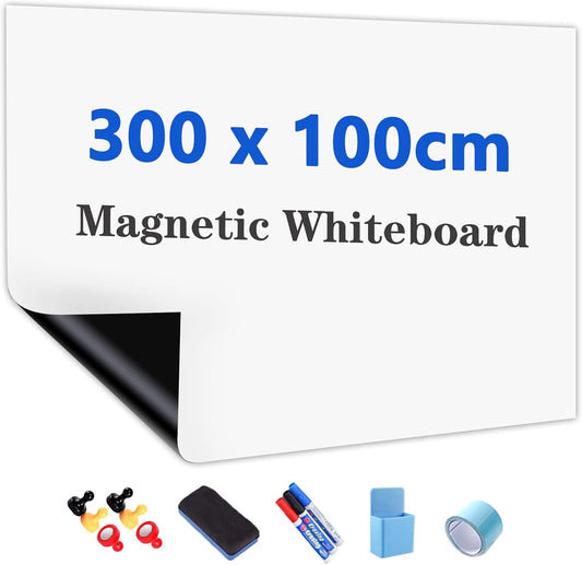 Whiteboard Folie, 300 * 100cm, magnetische zelfklevende whiteboard folie, Whiteboard Sticker DIY, inclusief marker, spons en magneten, voor school, kantoor en thuis