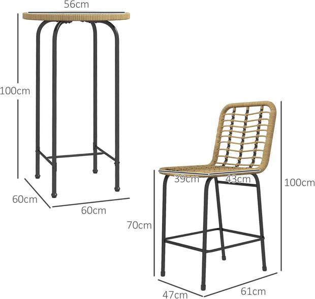 Outsunny Tuinbarset, tuinmeubelen, bistroset, 3-delig, 1 ronde hoge tafel, boho-design + 2 ronde krukken met metalen voetsteun, voor 2 personen, natuurlijk, zwart