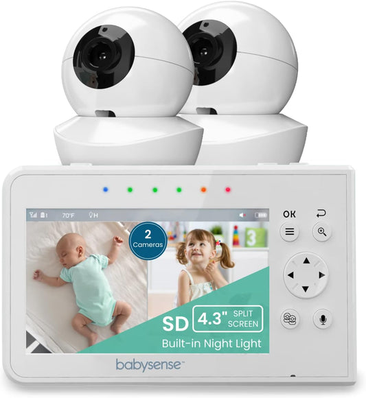 Babysense Video Babyfoon, 4,3" Split Screen Babyfoon met 2 camera's, Verstelbare nachtlamp, Tweerichtingsaudio, PTZ-functie, Groot bereik, Nachtzicht, Slaapliedjes