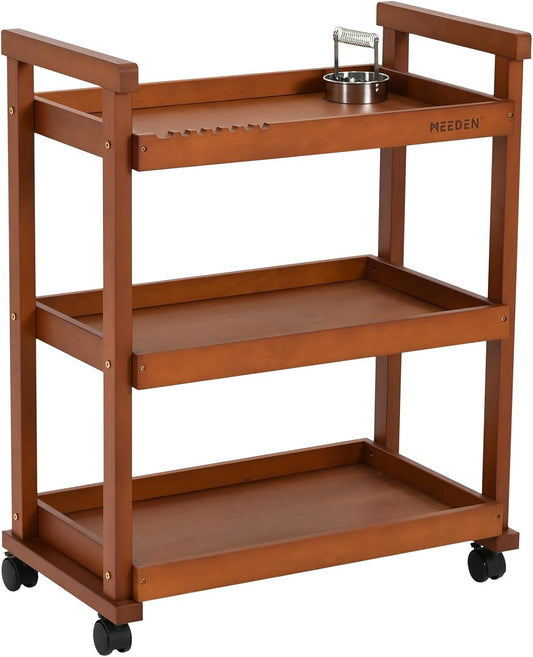 Bijzetwagen met wieltjes – Opbergwagen – Opbergtrolley – Verrijdbare organizer – Trolley – Walnoot, 3-laags – Massief beukenhout – 360° zwenkwielen met 2 remmen
