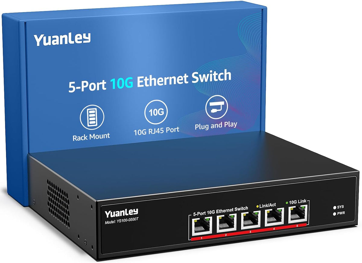 YuanLey 5-Poorts 10G Ethernet-Switch, 5 x 10Gbps RJ45-Poorten, Ondersteuning 10G/5G/2.5G/1G/100M Speed Auto-Negotiation, 100Gbps Schakelcapaciteit, Onbeheerde schakelaar Rackmountable, Gebruiksklaar